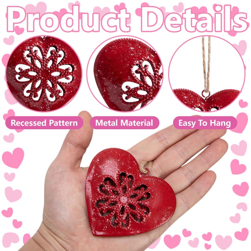 LFUTARI 6 Pcs Valentines Metal Heart Ornament, Christmas Heart-Shaped Metal Decoration, Vintage Red Hearts Wall Hanging Decor for Valentine's Day Christmas Tree Holiday Party Home Decoration - Image 3