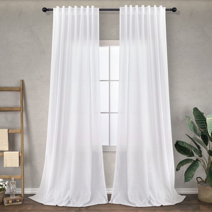 SIMPLE WHITE LINEN CURTAINS 90 INCHES LONG FOR LIVING ROOM 2 PANELS BACK TAB POCKET BOHEMIAN SEMI TRANSLUCENT COTTON TEXTURED SHEER CURTAINS FOR BEDROOM NURSERY URBAN INDUSTRIAL FARMHOUSE DECOR 52X90