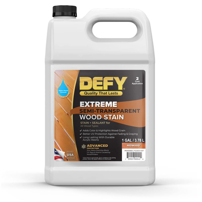 DEFY DEFY Extreme Wood Stain and Sealer in One - 1 Gallon Semi-Transparent Waterproof Coating for All Wood Types - Redwood  - Image 1