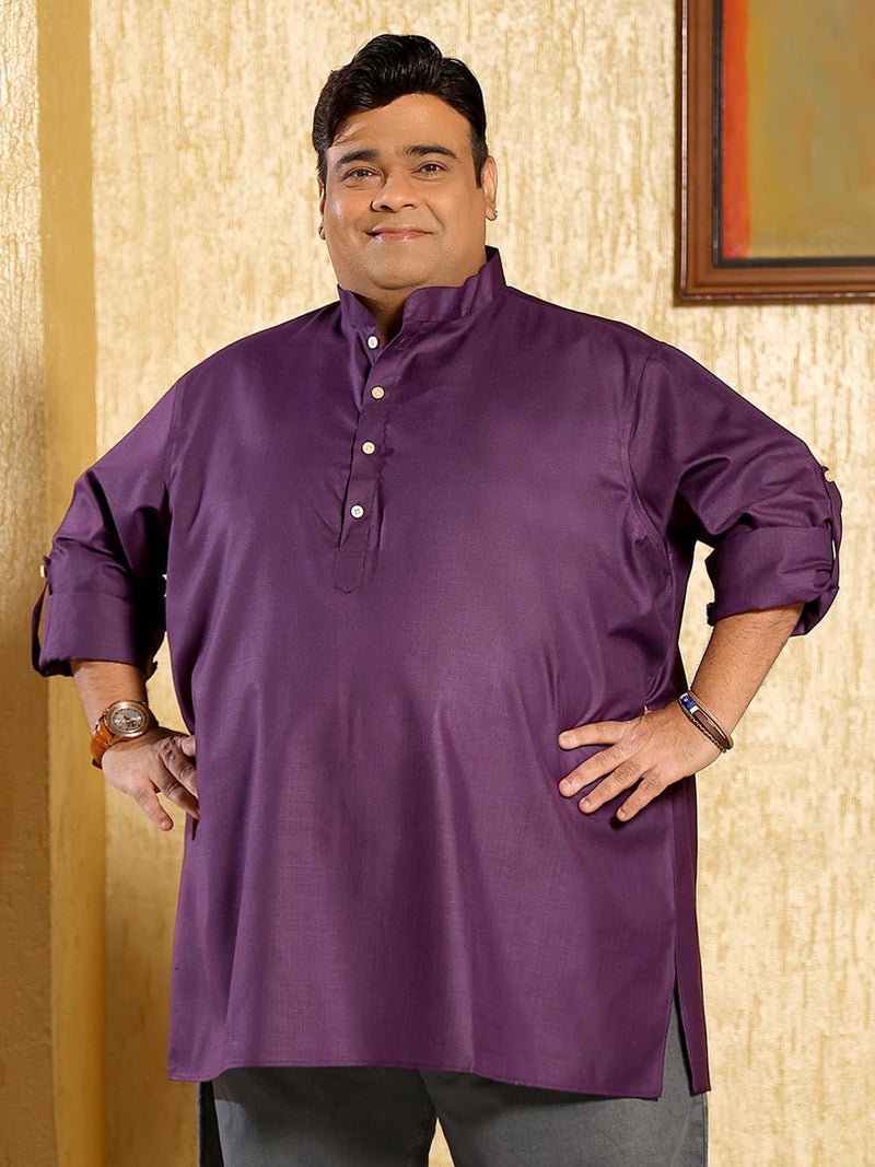Bigbanana Plus Size Men's Regular Fit Solid Short Kurta (Pollan-Purple,Purple,2XL) - Image 2