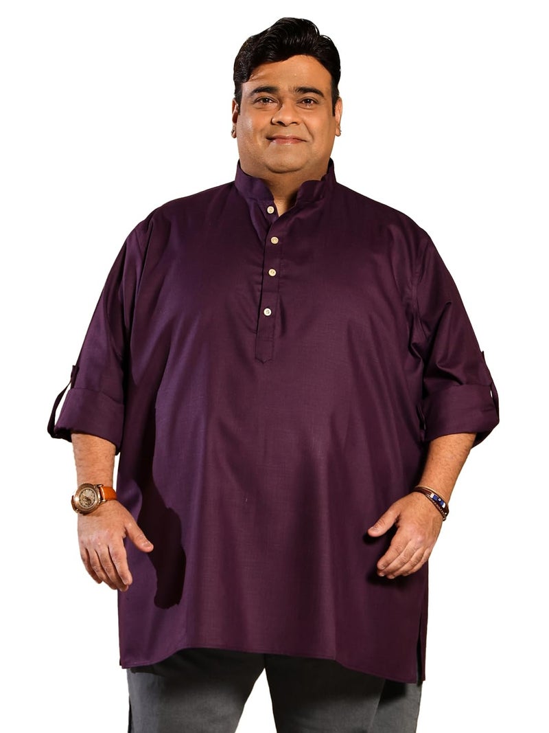 Bigbanana Plus Size Men's Regular Fit Solid Short Kurta (Pollan-Purple,Purple,2XL) - Image 1