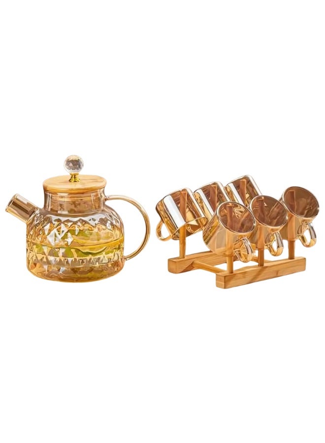 Glass Tea Set with Teapot and 6 Cups, Crystal Pattern Design, 7-Piece Set with Storage Stand - Image 1