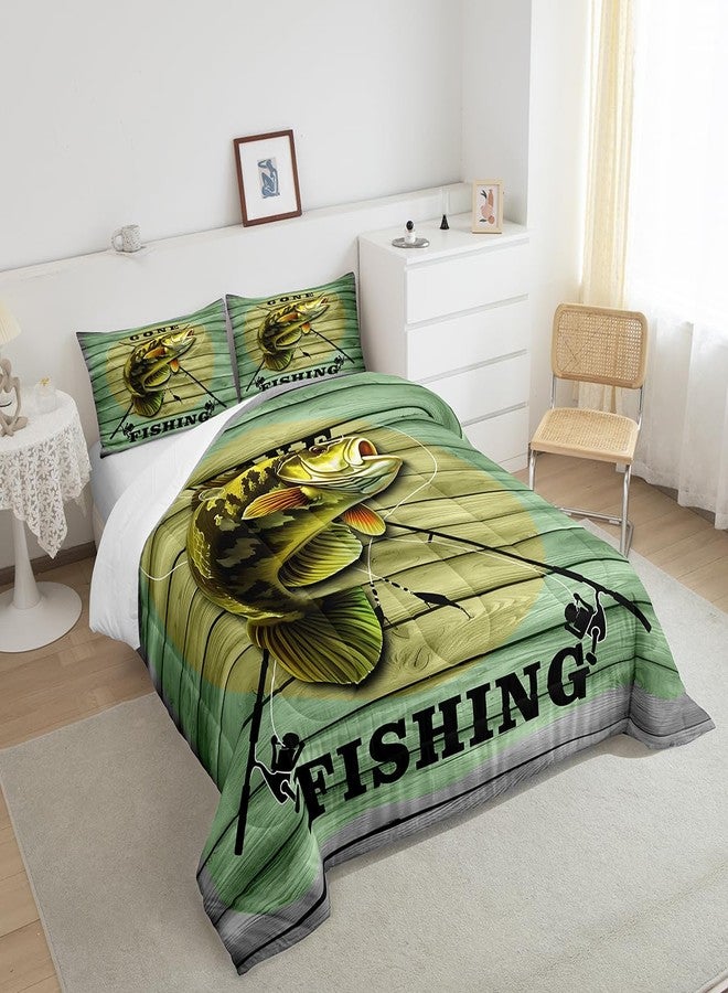 Feelyou Big Pike Fish Comforter Set Hunting and Fishing Pattern Bedding Set for Kids Boys Children Green Vintage Wooden Print Comforter Soft Decor Underwater Animals Theme Quilt Set Twin Size - Image 4