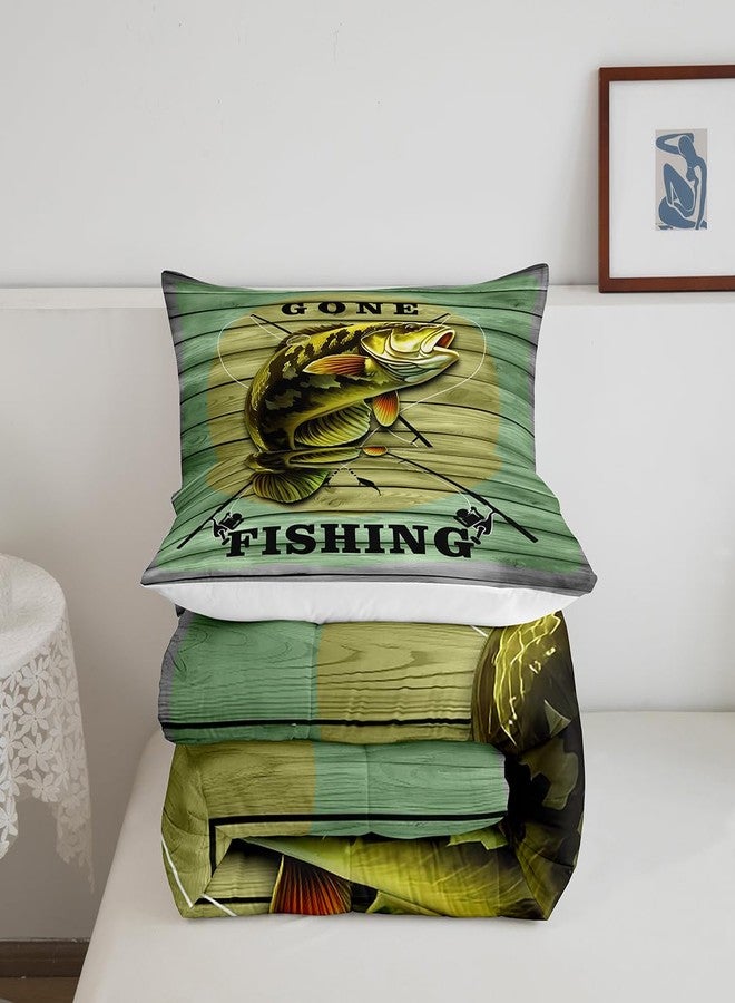 Feelyou Big Pike Fish Comforter Set Hunting and Fishing Pattern Bedding Set for Kids Boys Children Green Vintage Wooden Print Comforter Soft Decor Underwater Animals Theme Quilt Set Twin Size - Image 5