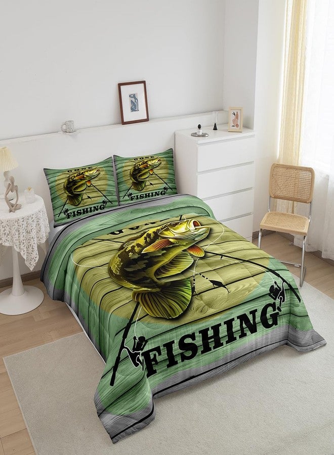 Feelyou Big Pike Fish Comforter Set Hunting and Fishing Pattern Bedding Set for Kids Boys Children Green Vintage Wooden Print Comforter Soft Decor Underwater Animals Theme Quilt Set Twin Size - Image 2