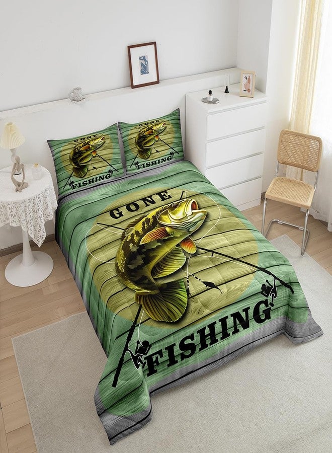 Feelyou Big Pike Fish Comforter Set Hunting and Fishing Pattern Bedding Set for Kids Boys Children Green Vintage Wooden Print Comforter Soft Decor Underwater Animals Theme Quilt Set Twin Size - Image 3