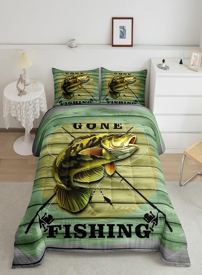 Feelyou Big Pike Fish Comforter Set Hunting and Fishing Pattern Bedding Set for Kids Boys Children Green Vintage Wooden Print Comforter Soft Decor Underwater Animals Theme Quilt Set Twin Size - Image 1
