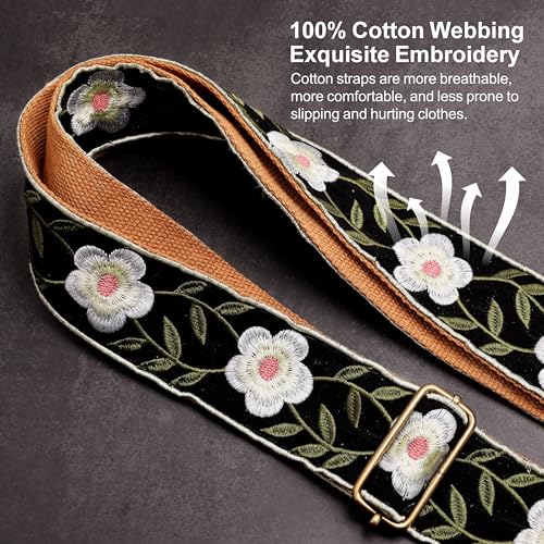 Nefelibata Guitar Strap,Crazy Horse Leather Jacquard Embroidery Cotton Guitar Straps for Bass, Electric & Acoustic, Best Gifts for Guitarists(Retro White Petals) - Image 4