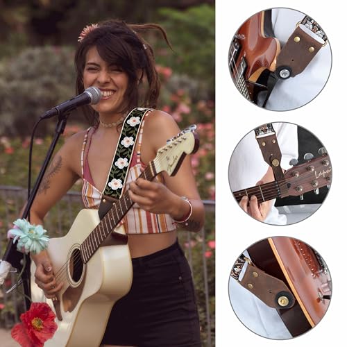 Nefelibata Guitar Strap,Crazy Horse Leather Jacquard Embroidery Cotton Guitar Straps for Bass, Electric & Acoustic, Best Gifts for Guitarists(Retro White Petals) - Image 2
