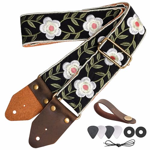 Nefelibata Guitar Strap,Crazy Horse Leather Jacquard Embroidery Cotton Guitar Straps for Bass, Electric & Acoustic, Best Gifts for Guitarists(Retro White Petals) - Image 1