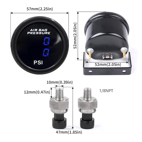 ZHSYMX Dual Blue Display Car Air Suspension Gauge 220PSI,2-1/16" 52mm Air Pressure Gauge with 2PCS 1/8NPT Air Pressure Sensor and Bracket for Car & Truck - Image 3