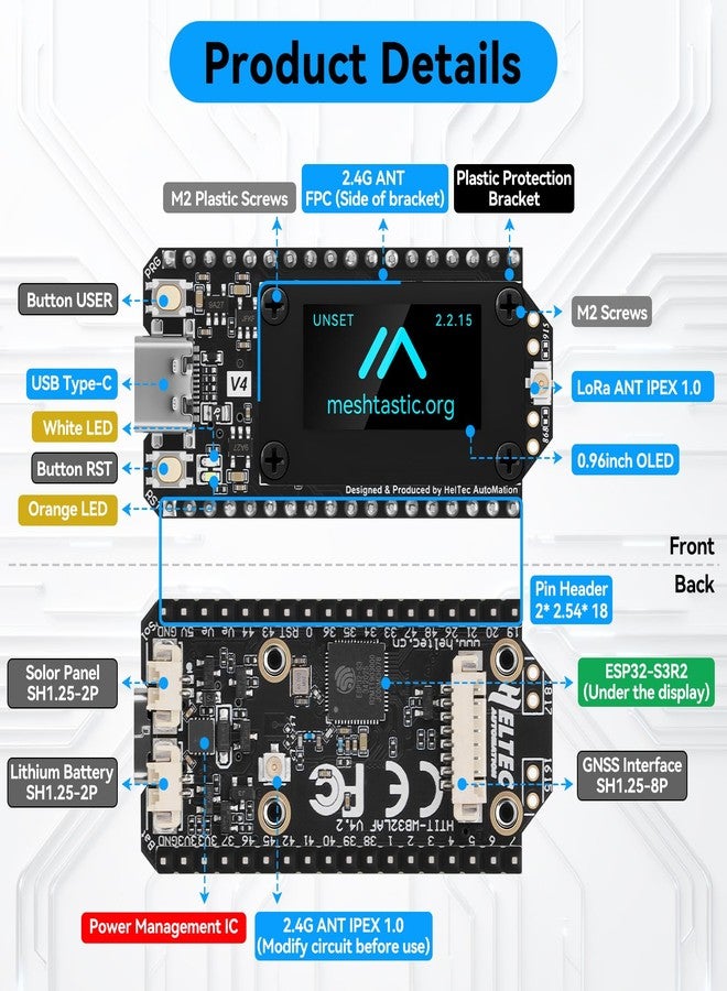 YELUFT 2 Pack Pre-Soldered ESP32 LoRa V4 Development Board with GNSS Module & 915MHz LoRa Antenna, Integrated WiFi Bluetooth SX1262 0.96-inch OLED Display Type C Interface for Meshtastic Arduino - Image 3