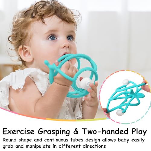 Mombella Teething Toys 6-12 Months, 2 in 1 Snail Baby Teether & Rattle Toys 3-6 Months, Silicone Infant Teethers for Babies 12-18 Months, Newborn Sensory Teething Toys, BPA Free Baby Chew Toy, Teal - Image 5