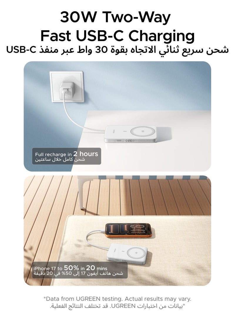 Ugreen Magnetic Power Bank Magflow Air Qi2 15W 10000mAh with 30W USB-C Cable, Fast-Charging Magsafe Wireless charger,13.9mm Ultra-Slim, Airline-Friendly, Compatible Fast Charging for iPhone 17/16 Series-Grey Ultra Slim 15W With Cable - White - Image 4