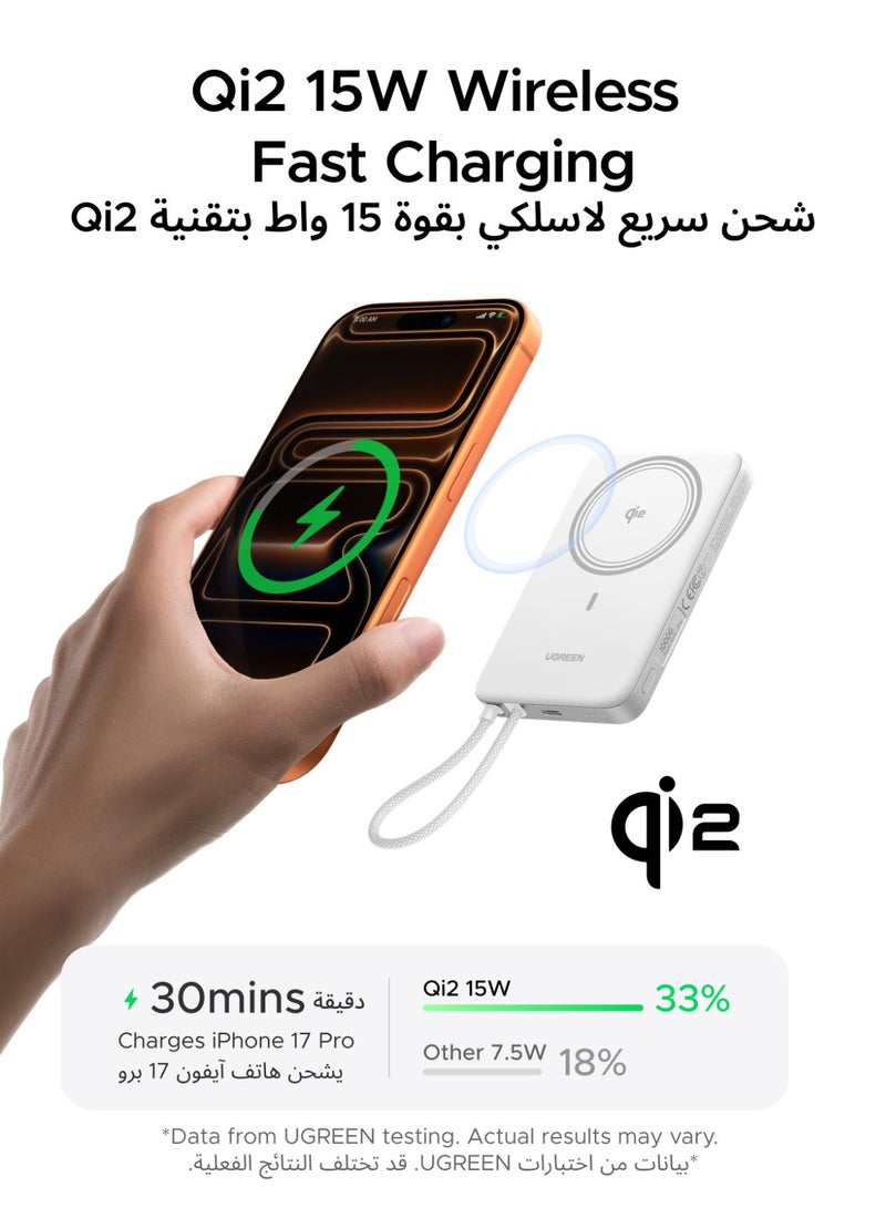 Ugreen Magnetic Power Bank Magflow Air Qi2 15W 10000mAh with 30W USB-C Cable, Fast-Charging Magsafe Wireless charger,13.9mm Ultra-Slim, Airline-Friendly, Compatible Fast Charging for iPhone 17/16 Series-Grey Ultra Slim 15W With Cable - White - Image 3