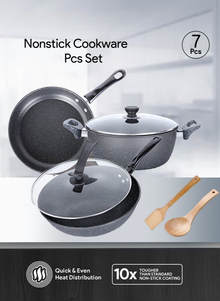 Monda Medical Stone Non-stick Pan Set Wok Soup Pot Frying Pan Three-piece Kitchen Stone Pot 7-piece Cookware Set - Image 2