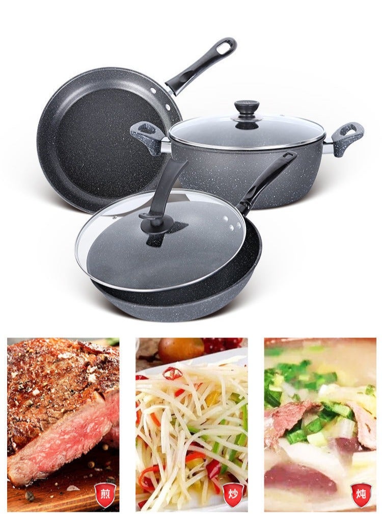 Monda Medical Stone Non-stick Pan Set Wok Soup Pot Frying Pan Three-piece Kitchen Stone Pot 7-piece Cookware Set - Image 1