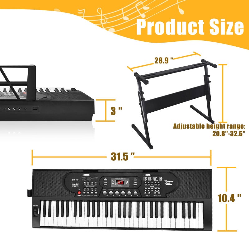 HERTMUN 61 Key Keyboard Piano with Stand, Portable Electric Piano Keyboard Kit for Beginners with Stand, Microphone,Note Stickers, Music Rest, Digital Music Keyboard Built-In Speakers - Image 2