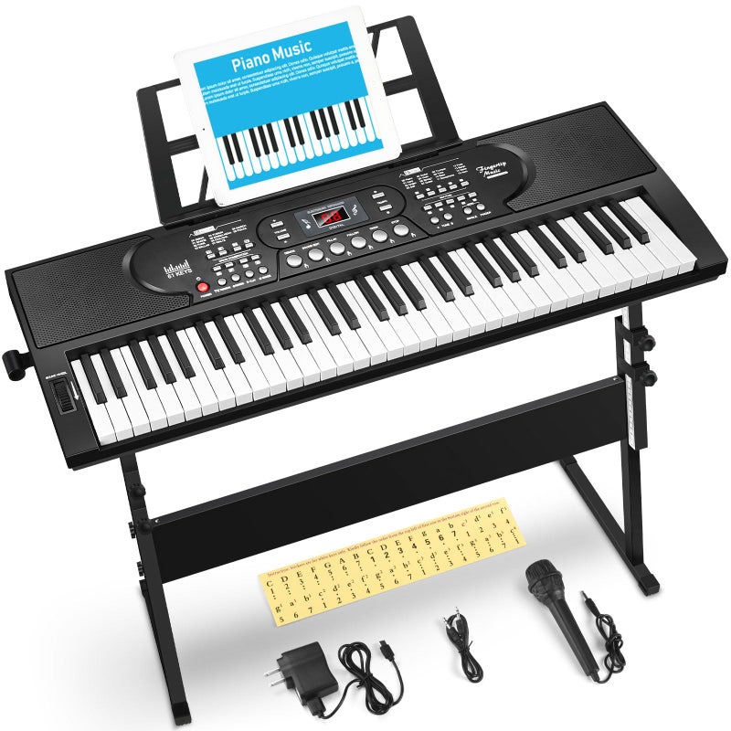 HERTMUN 61 Key Keyboard Piano with Stand, Portable Electric Piano Keyboard Kit for Beginners with Stand, Microphone,Note Stickers, Music Rest, Digital Music Keyboard Built-In Speakers - Image 1