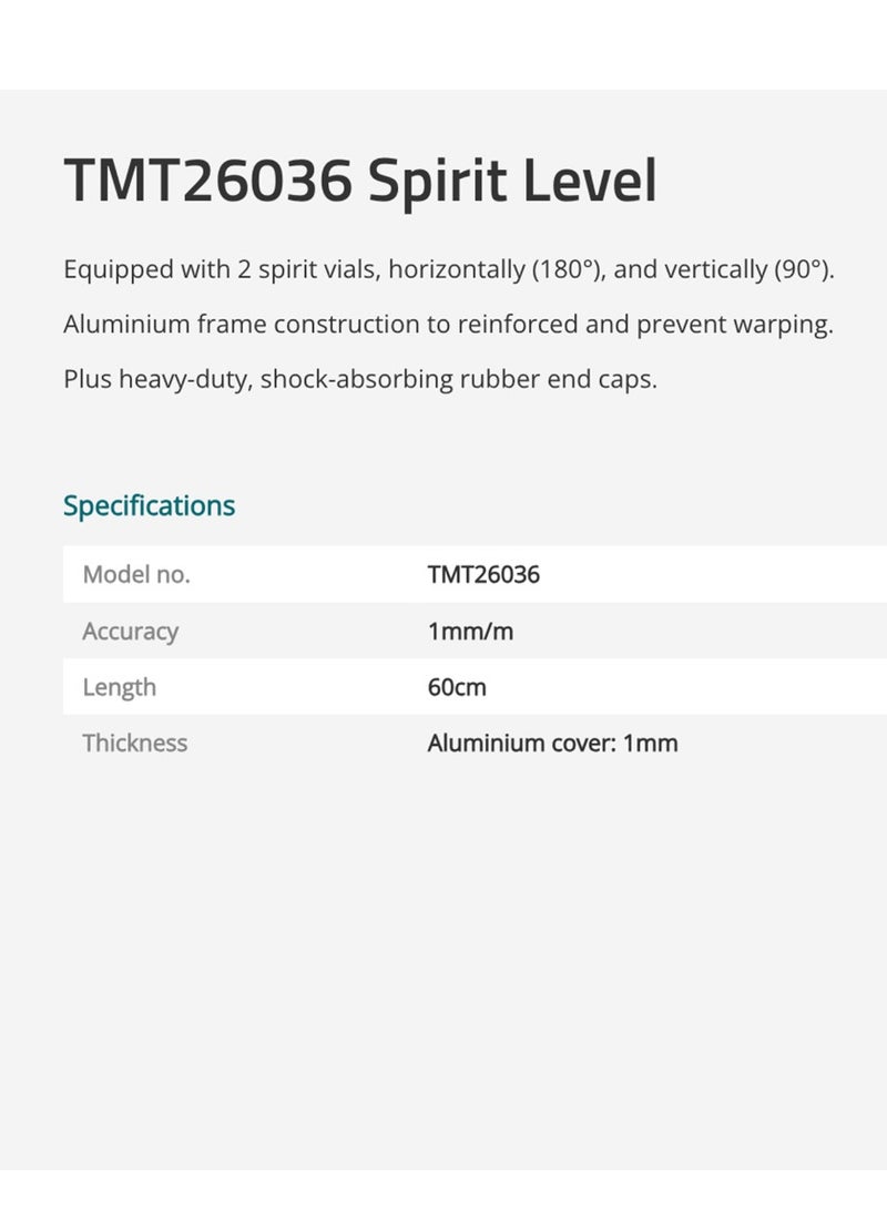 TOTAL TMT26036 Premium Spirit Level - 60cm Aluminum Body, Professional Water Scale for Accurate Carpentry