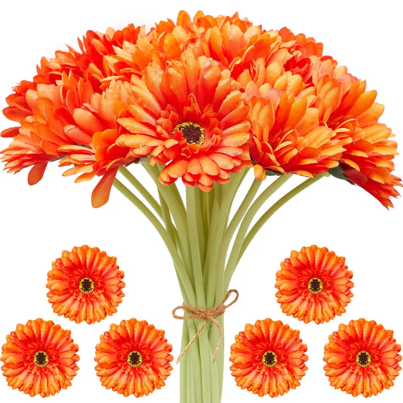 20 Pcs 20 Pcs Artificial Daisies Flower Fake Gerbera Daisy Faux Bouquet African Daisy Flower Artificial Flowers for Wedding Bridal Bouquet Party Home Kitchen Table Centerpiece (Orange)