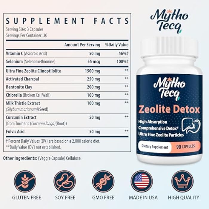 MythoTecq كبسولات إزالة السموم زيو لايت 2300 ملغ - فحم مفعل وطين بنتونيت، قابلة للامتصاص بشكل عالي لتنظيف الجسم بالكامل، الكبد والأمعاء، زيو لايت كلينوبتيلوليت (90 كبسولة) - Image 2