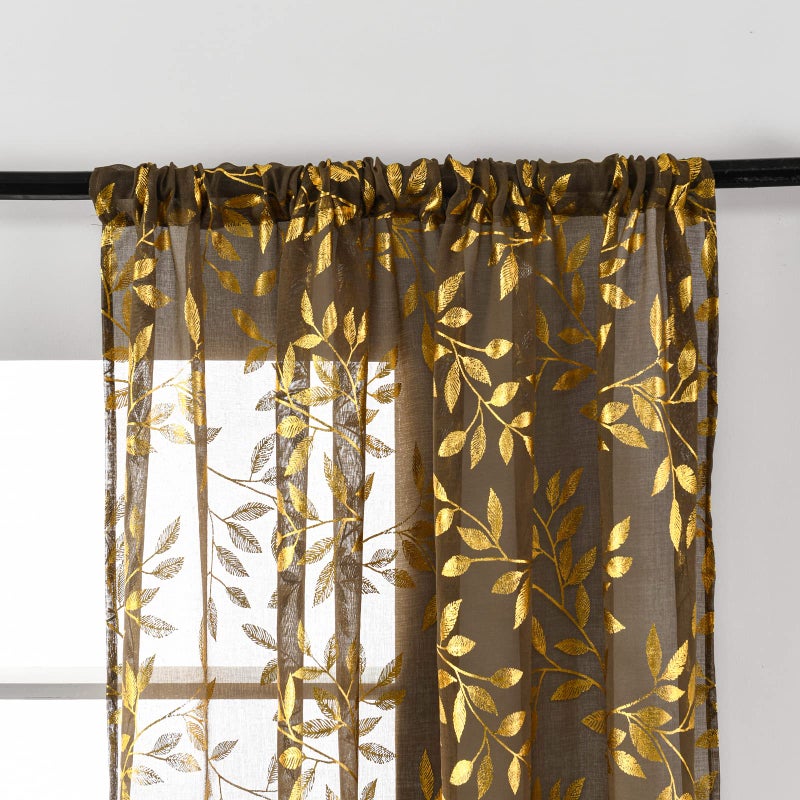 Deeprove Sheer Curtains 84 Inches Long 2 Panels Set  Gold Foil Print Metallic Vine Leaves Window Treatments for Bedroom  Xmas Decor Privacy Golden Drapes Pair  Rod Pocket  52"" W x 84"" L  Taupe Brown - Image 4