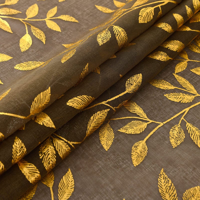 Deeprove Sheer Curtains 84 Inches Long 2 Panels Set  Gold Foil Print Metallic Vine Leaves Window Treatments for Bedroom  Xmas Decor Privacy Golden Drapes Pair  Rod Pocket  52"" W x 84"" L  Taupe Brown - Image 3