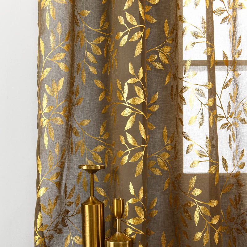 Deeprove Sheer Curtains 84 Inches Long 2 Panels Set  Gold Foil Print Metallic Vine Leaves Window Treatments for Bedroom  Xmas Decor Privacy Golden Drapes Pair  Rod Pocket  52"" W x 84"" L  Taupe Brown - Image 2