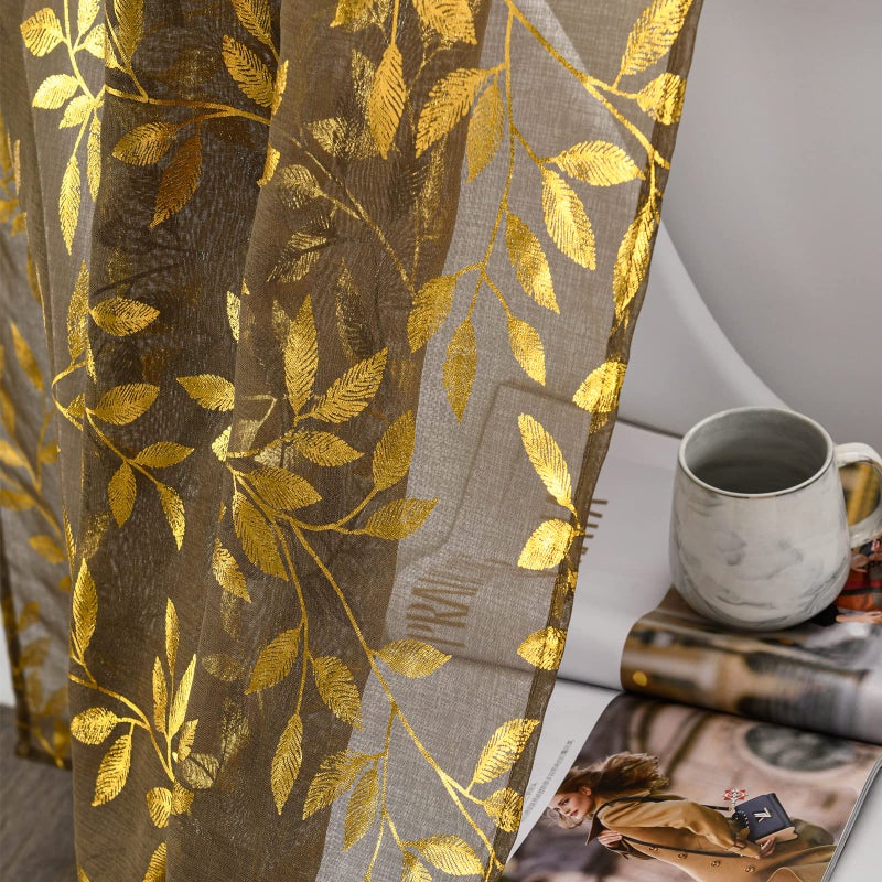 Deeprove Sheer Curtains 84 Inches Long 2 Panels Set  Gold Foil Print Metallic Vine Leaves Window Treatments for Bedroom  Xmas Decor Privacy Golden Drapes Pair  Rod Pocket  52"" W x 84"" L  Taupe Brown - Image 5