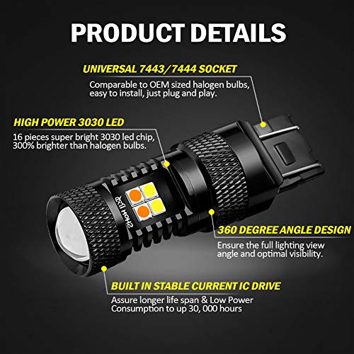 AUXLIGHT 7443 7443LL 7444NA T20 Switchback LED Bulbs 16SMD Chipsets Parking Lights/Daytime Running Lights/DRL and Turn Signal Lights with Projector replacement, White/Amber (Pack of 2) - Image 3