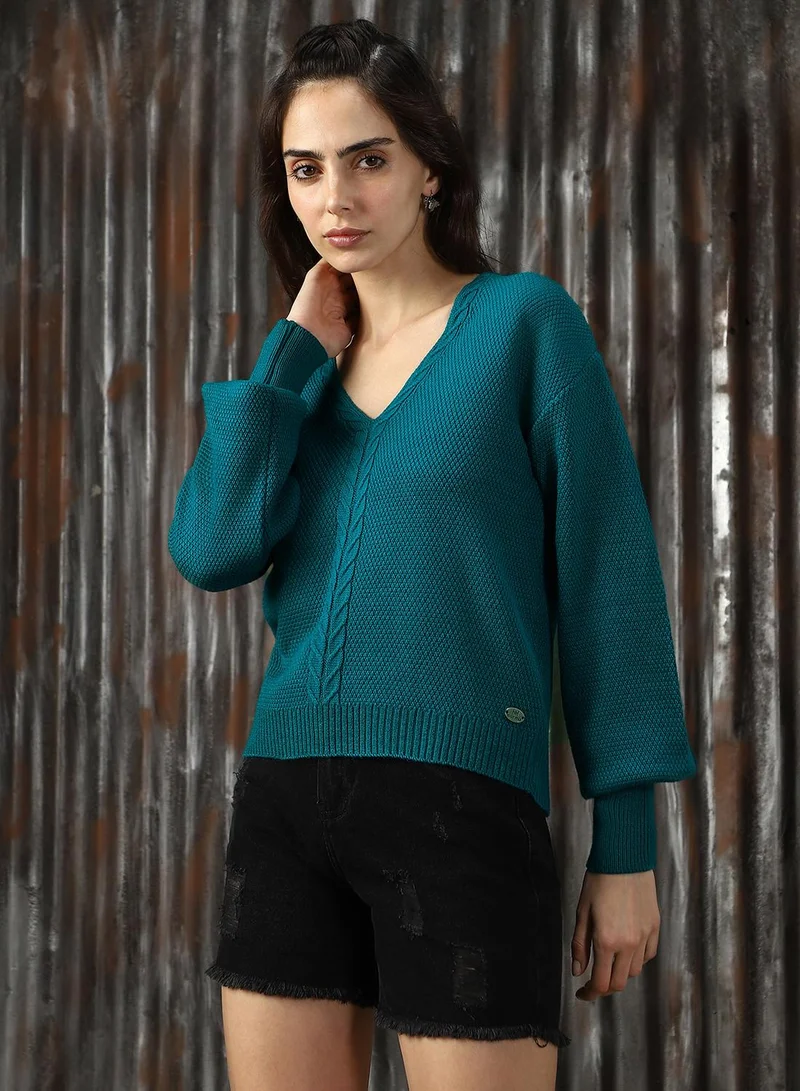 هاي ستار كنزة نسائية أكريليك سادة باللون الأخضر المائي