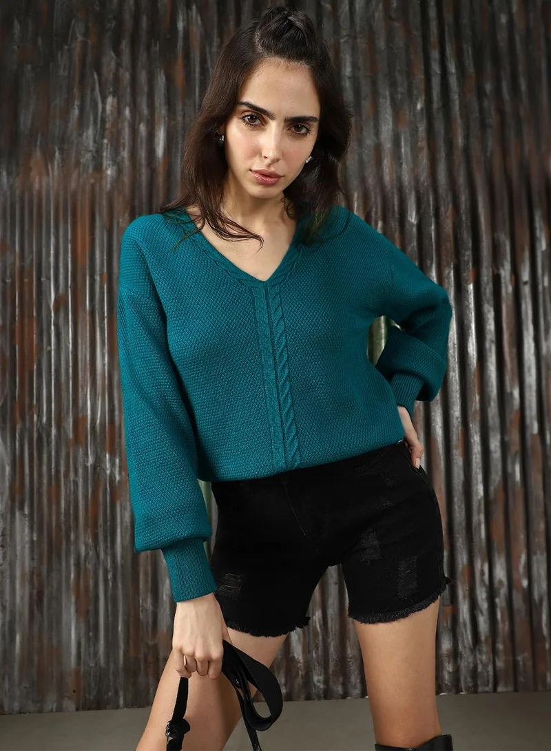 هاي ستار كنزة نسائية أكريليك سادة باللون الأخضر المائي