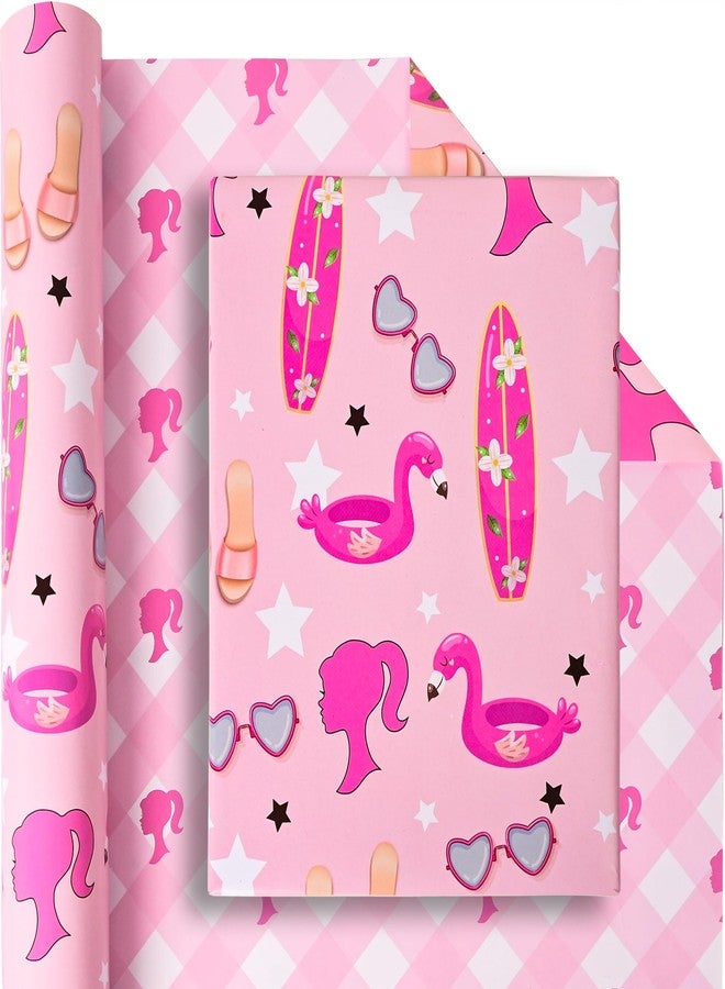 Vnaaem Reversible Girl Princess Wrapping Paper Roll for Girls Women - Pink Birthday Gift Wrap with stars, Plaid for Holiday Baby Shower Wedding Bridal Shower DIY Craft Party - 17 in x 20 ft(Total 28.5sq.ft - Image 2