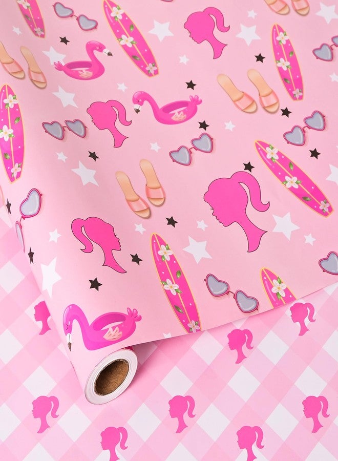 Vnaaem Reversible Girl Princess Wrapping Paper Roll for Girls Women - Pink Birthday Gift Wrap with stars, Plaid for Holiday Baby Shower Wedding Bridal Shower DIY Craft Party - 17 in x 20 ft(Total 28.5sq.ft - Image 1
