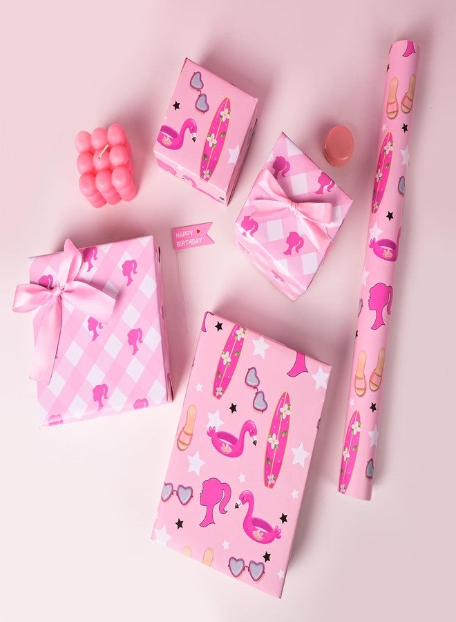Vnaaem Reversible Girl Princess Wrapping Paper Roll for Girls Women - Pink Birthday Gift Wrap with stars, Plaid for Holiday Baby Shower Wedding Bridal Shower DIY Craft Party - 17 in x 20 ft(Total 28.5sq.ft - Image 5