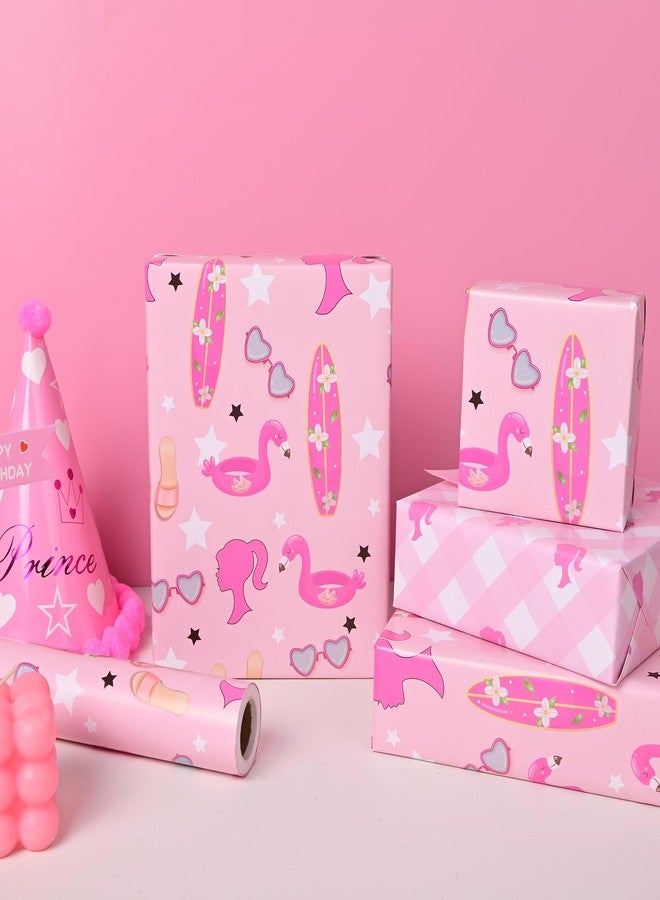 Vnaaem Reversible Girl Princess Wrapping Paper Roll for Girls Women - Pink Birthday Gift Wrap with stars, Plaid for Holiday Baby Shower Wedding Bridal Shower DIY Craft Party - 17 in x 20 ft(Total 28.5sq.ft - Image 3