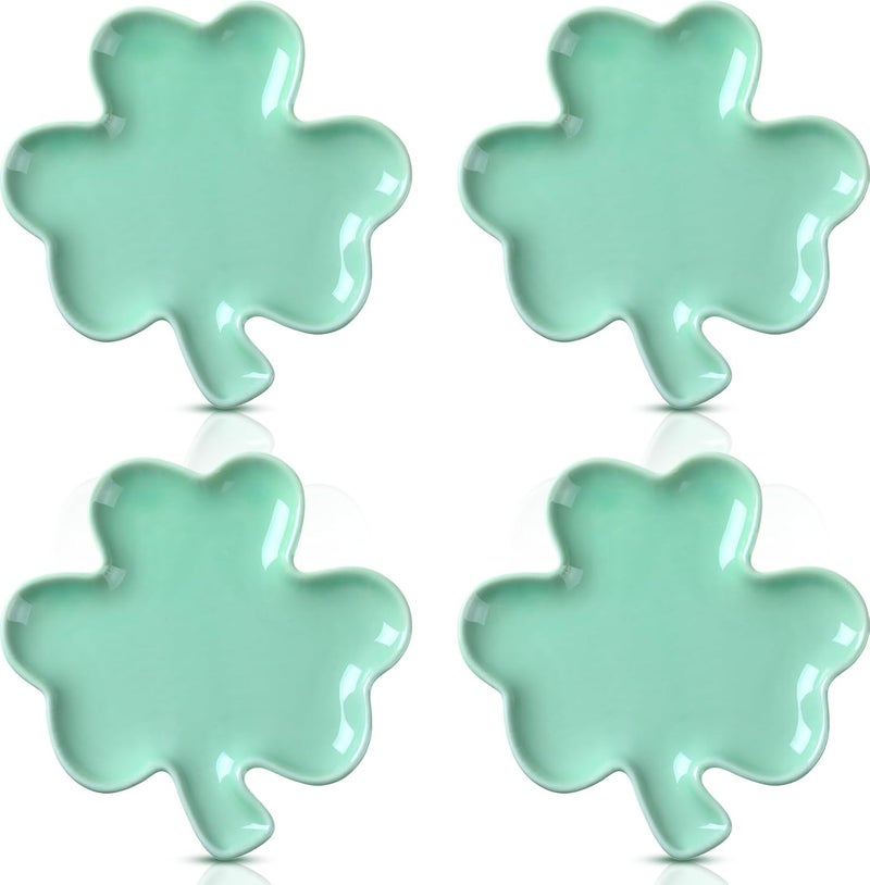 FillTouch 4 Pcs 591 St Patricks Day Ceramic Shamrock Plates Candy Dish Clover Serving Platters Green Shamrock Dessert Plates Irish Bowls Trays for St Patricks Day Party Dinner - Image 1