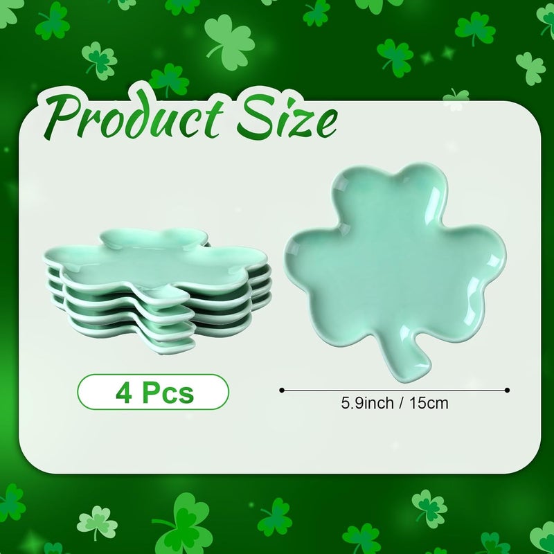 FillTouch 4 Pcs 591 St Patricks Day Ceramic Shamrock Plates Candy Dish Clover Serving Platters Green Shamrock Dessert Plates Irish Bowls Trays for St Patricks Day Party Dinner - Image 3