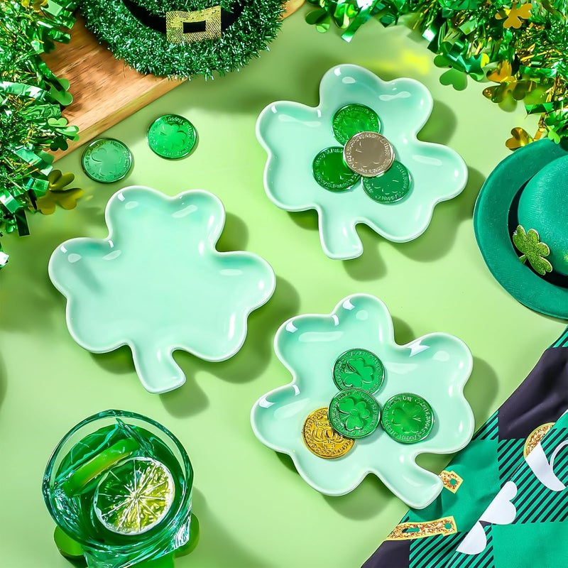 FillTouch 4 Pcs 591 St Patricks Day Ceramic Shamrock Plates Candy Dish Clover Serving Platters Green Shamrock Dessert Plates Irish Bowls Trays for St Patricks Day Party Dinner - Image 2
