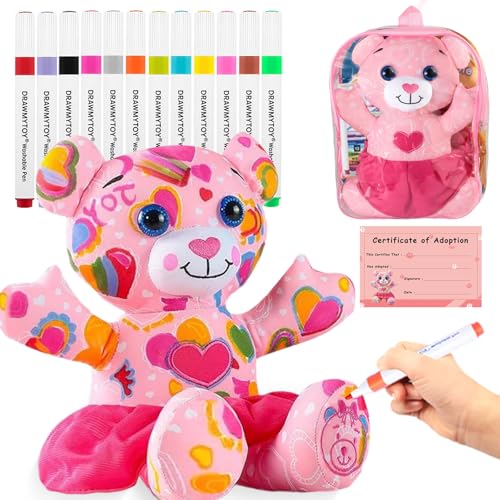 DRAWMYTOY Coloring Plush Toy with 12 Washable Markers for Little Girls Doodle Dolls for Kids Ages 46 Birthday Pink Bear - Image 1
