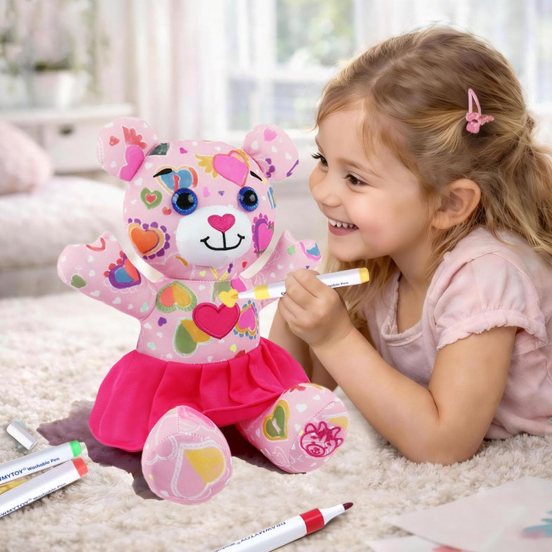 DRAWMYTOY Coloring Plush Toy with 12 Washable Markers for Little Girls Doodle Dolls for Kids Ages 46 Birthday Pink Bear - Image 3