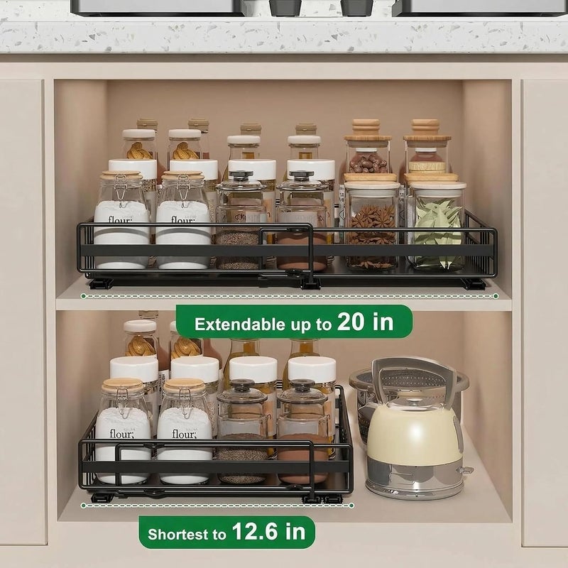 SALADAYS Expandable Pull-Out Cabinet Organizer | Adjustable Width, No-Drill & Drill Mounting | Iron Kitchen Storage Rack with Silent Sliding Rails - Image 3