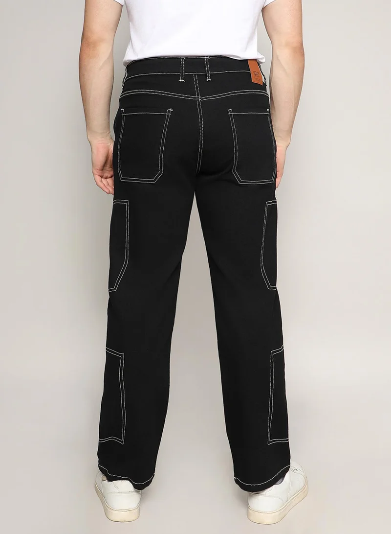 Campus Sutra Men's Jet Black Contrast Stitched Denim Jeans For Casual Wear | Dark-Wash | 5 Pocket | Button Closure | Denim Jeans Crafted With Comfort Fit For Everyday Wear