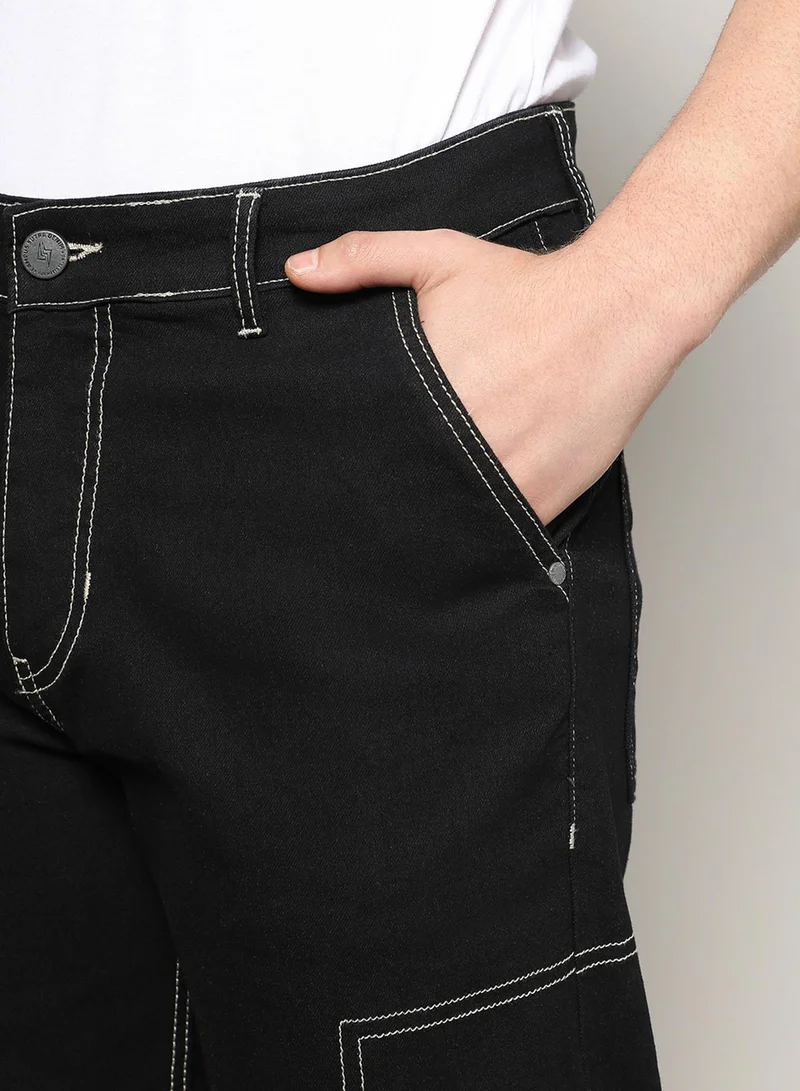 Campus Sutra Men's Jet Black Contrast Stitched Denim Jeans For Casual Wear | Dark-Wash | 5 Pocket | Button Closure | Denim Jeans Crafted With Comfort Fit For Everyday Wear