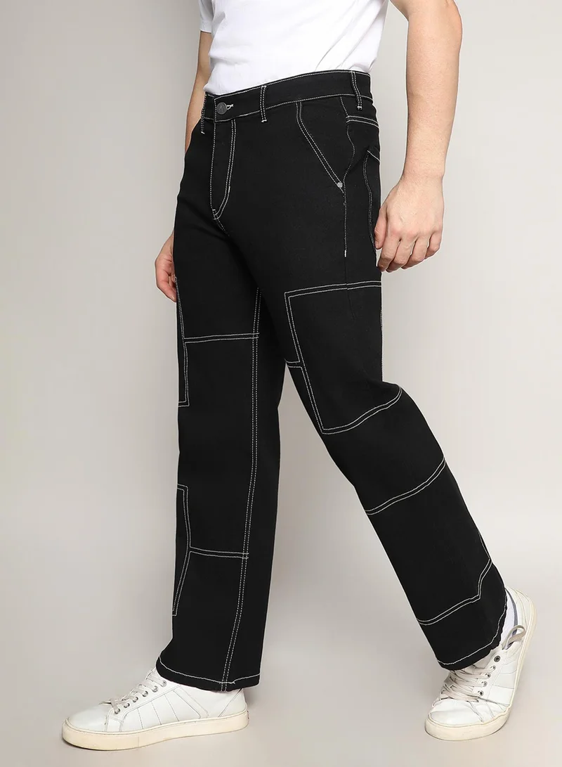 Campus Sutra Men's Jet Black Contrast Stitched Denim Jeans For Casual Wear | Dark-Wash | 5 Pocket | Button Closure | Denim Jeans Crafted With Comfort Fit For Everyday Wear