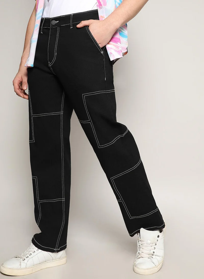 Campus Sutra Men's Jet Black Contrast Stitched Denim Jeans For Casual Wear | Dark-Wash | 5 Pocket | Button Closure | Denim Jeans Crafted With Comfort Fit For Everyday Wear