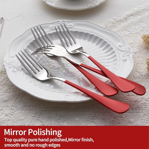Onlycooker Red Dinner Fork, 18/0 Red handle Stainless Steel Satin Finish 8.1-inch Silverware Flatware Fork Set, Set of 12, Dishwasher Safe - Image 4