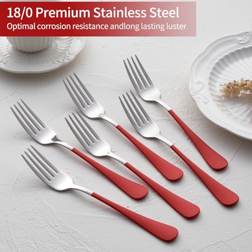 Onlycooker Red Dinner Fork, 18/0 Red handle Stainless Steel Satin Finish 8.1-inch Silverware Flatware Fork Set, Set of 12, Dishwasher Safe - Image 3