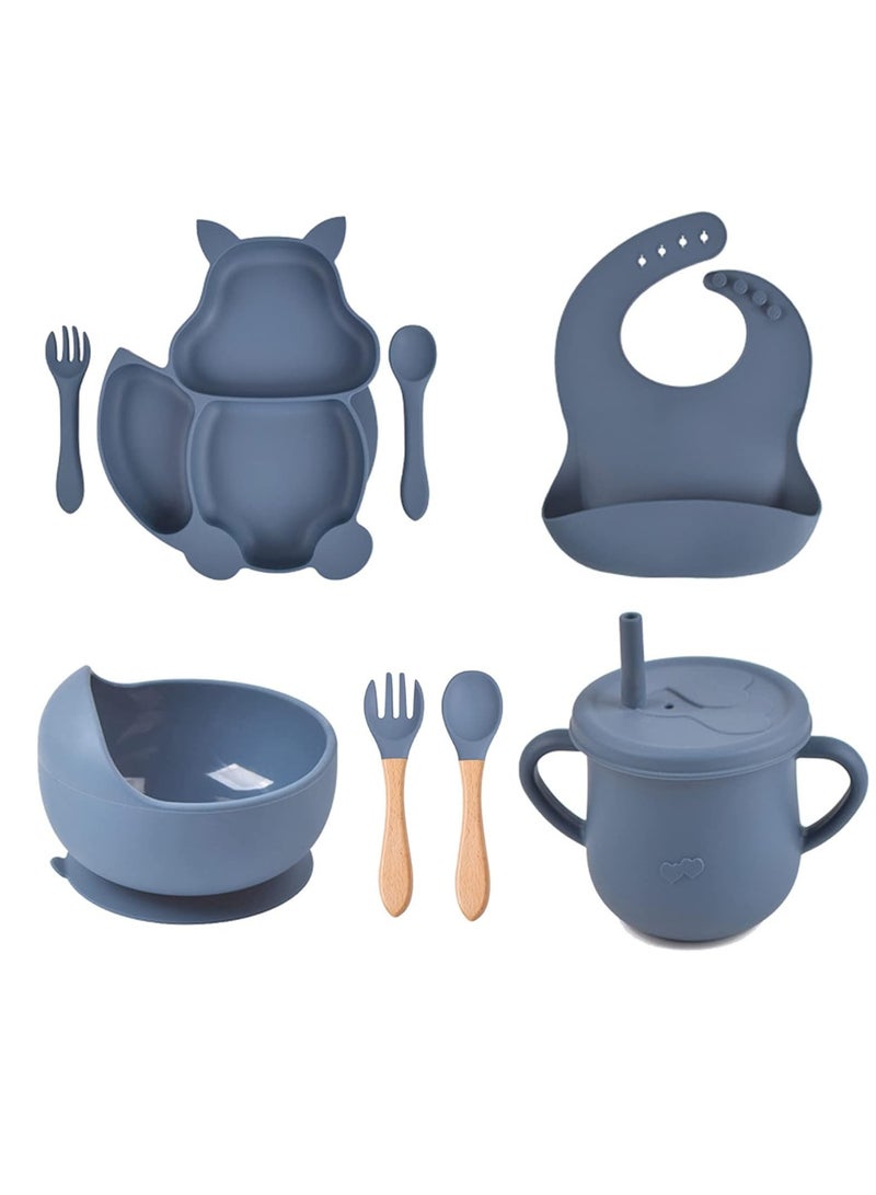 general Baby tableware set 8-piece set with suction cup, dinner plate, bowl, spoon, fork set with apron, baby food tableware, children's dining set, bisphenol A-free, food-grade silicone, birth gift (dark blue) - Image 1
